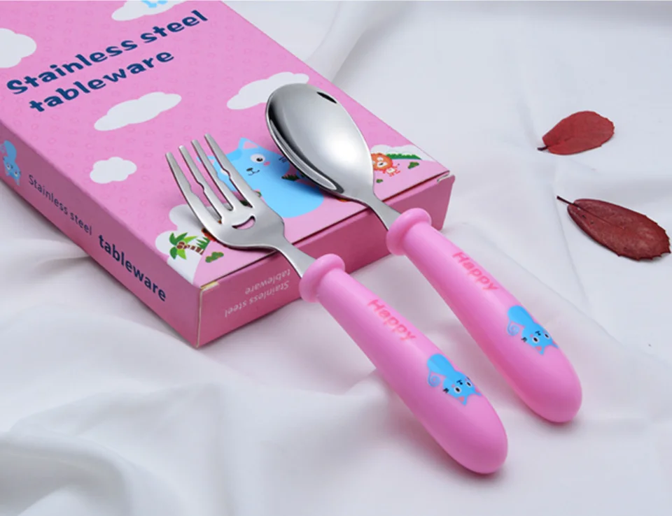 Pink 2 шт., 304, Подарочный чехол, детская ложка и вилка с рисунком котенка, набор столовых приборов, праздничный подарочный набор столовых приборов для детей - Цвет: Pink