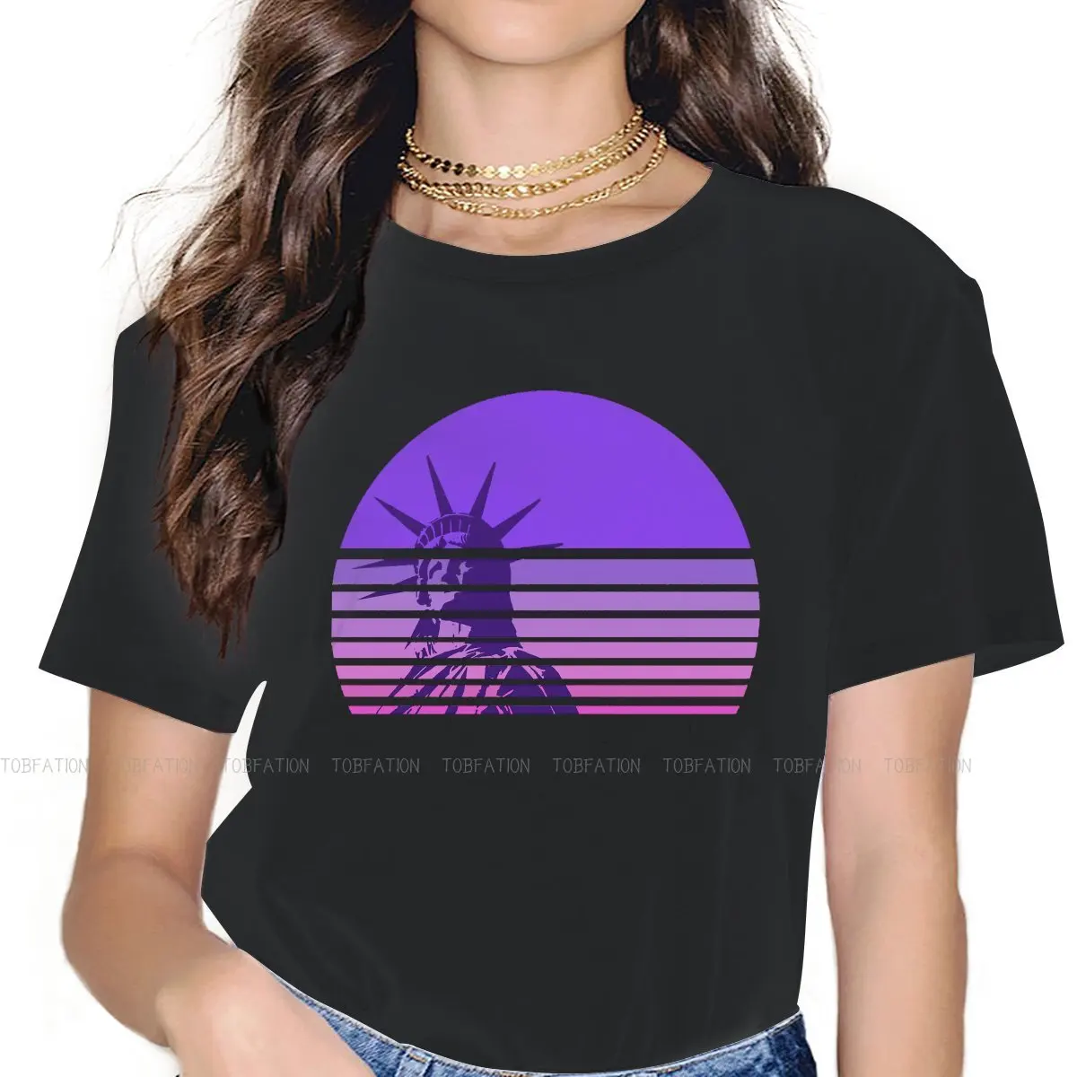 

Statue of Liberty Cultural Architecture Original TShirts Synthwave Personalize 4XL 5XL Woman's T Shirt New Trend Tops