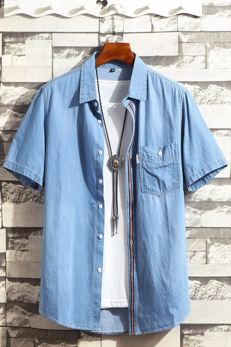 Джинсовая рубашка мужская с коротким рукавом приталенный силуэт блуза из денима