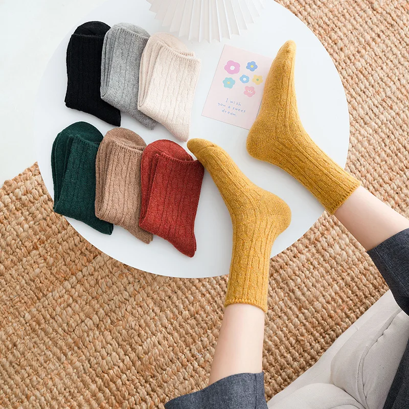 Solid Cashmere Wool Woman Socks Casual Autumn Winter Thick Warm Long Sock for Women Japanese Kawaii Harajuku Vintage Streetwear