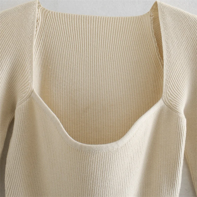 

Women Fashion Stretch Slim Cropped Knitted Pullovers Vintage Heart-shaped Collar Sweater Female Sexy Solid Color Chic Tops New