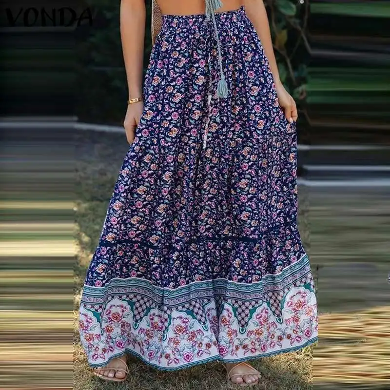 

VONDA Vintage Floral Printed Ruffled Hem Long Maxi Skirts Autumn Elastic Waist Pleated Baggy Skirt Women 2022 Loose Streetwears