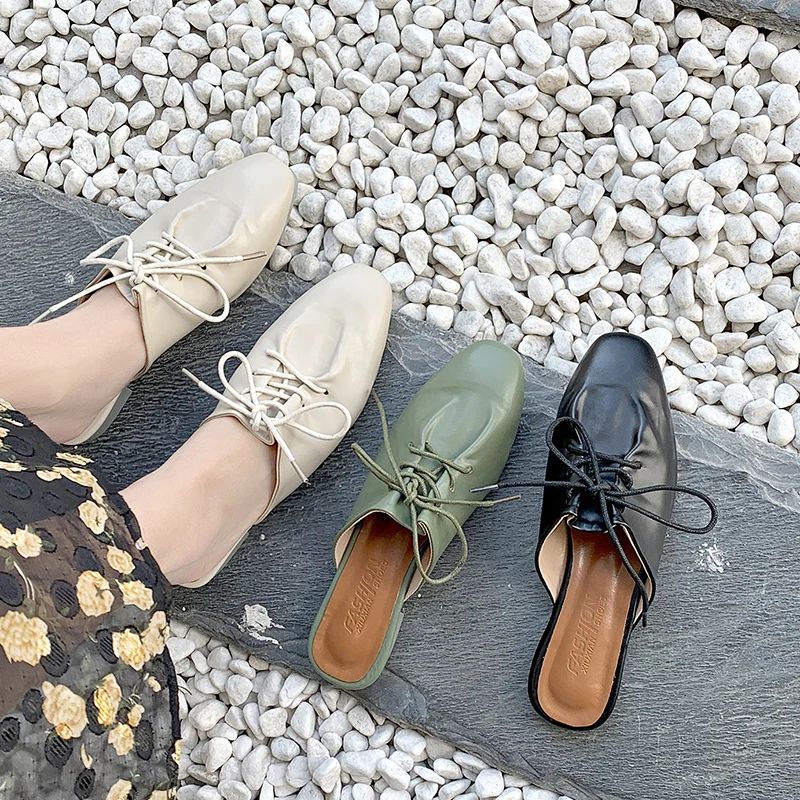 

New Women's Spring Mules Shoes Fashion Lazy Slippers Lace Up Woman Slides Ladies Flip Flops Female Sandals Toe-covered Shoes