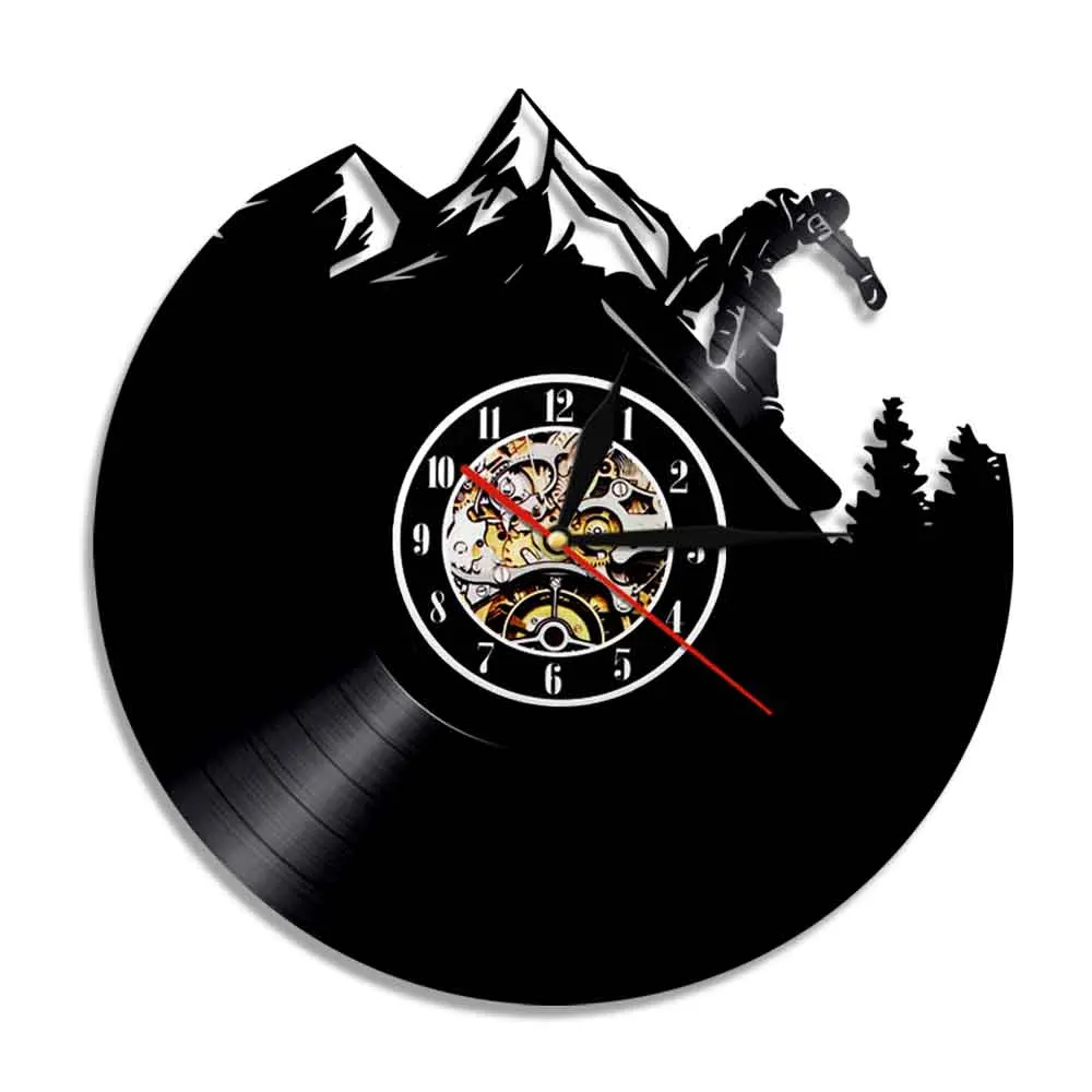 Winter Sport Mountain Skiing Art Decorative Wall Clock Modern Design 3D Watch Clock Vintage Quartz Vinyl Record Hanging Clocks
