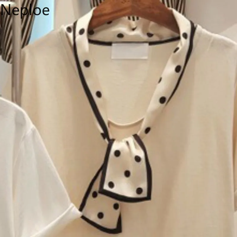 Neploe футболка в горошек с бантом на воротнике Женская Повседневная Однотонная