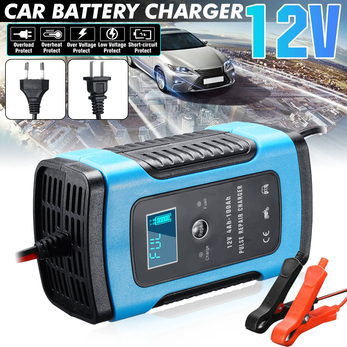 12v 6a lcd smart fast car battery charger for auto motorcycle lead acid agm gel batteries intelligent charging 12 v volt 6 a amp free global shipping
