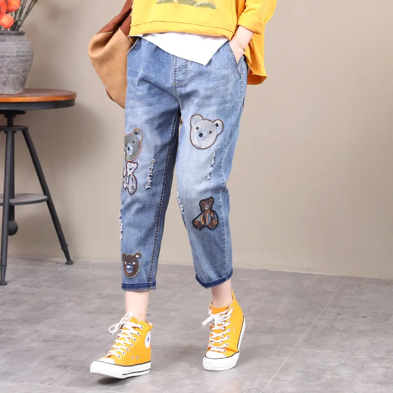 

Ladies Girl Jeans Summer Autumn Women Casual Loose Vintage Denim Harem Pants Cartoon Embroidery Ripped jeans mujer Trousers