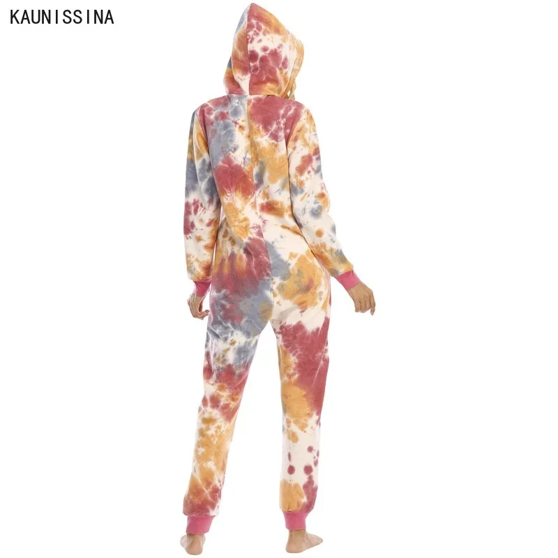 

Winter Onesies Pajama Set Women Long Sleeve Hooded Sleepwear Tie-Dye Printed Christmas Onesie Homewear Lounge Clothes