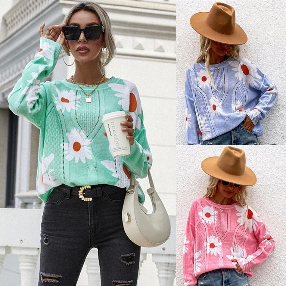 

Knitted Pullovers for Women Flower Printing Casual V-Neck Sweaters Female Coat Winter Long Sleeve Top Female Clothes