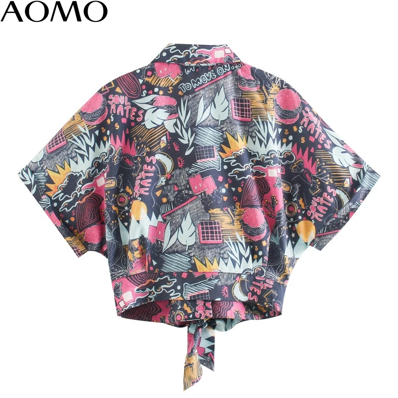 

AOMO fashion women print beach crop blouse short sleeve 2020 new turn down female loose shirt tops XN342A