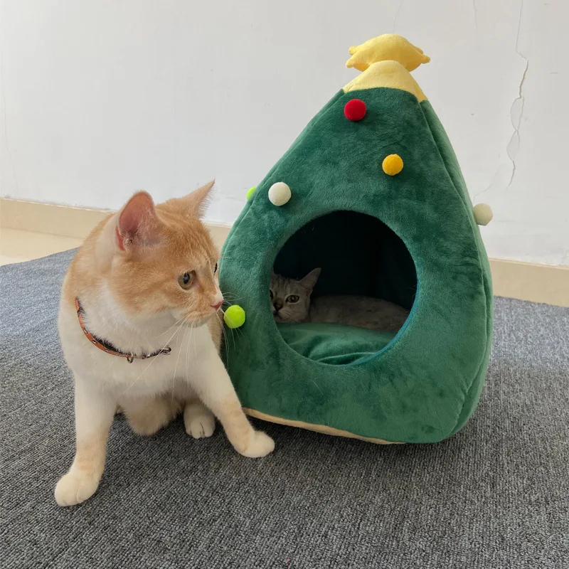 Christmas Tree Cat Bed Indoor Soft Warm Cats Dog House Puppy Cage Cave Sleeping Mat Products for Pets Winter Supplies Green | Дом и сад