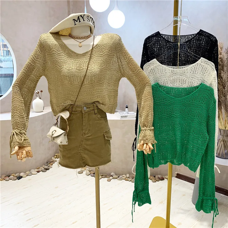

Niche Design New Women's Clothing Summer 2021 Fashion Hollowed Out Long Sleeve V-neck Thin Sunscreen Knit Shirt