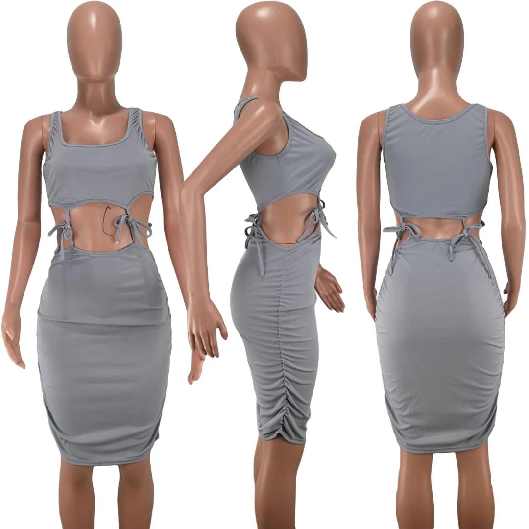 

2020 Summer Women's Suit European and American Hot Style Model Solid-color Tank Top Lace Up & Skirt Casual Two Piece Set