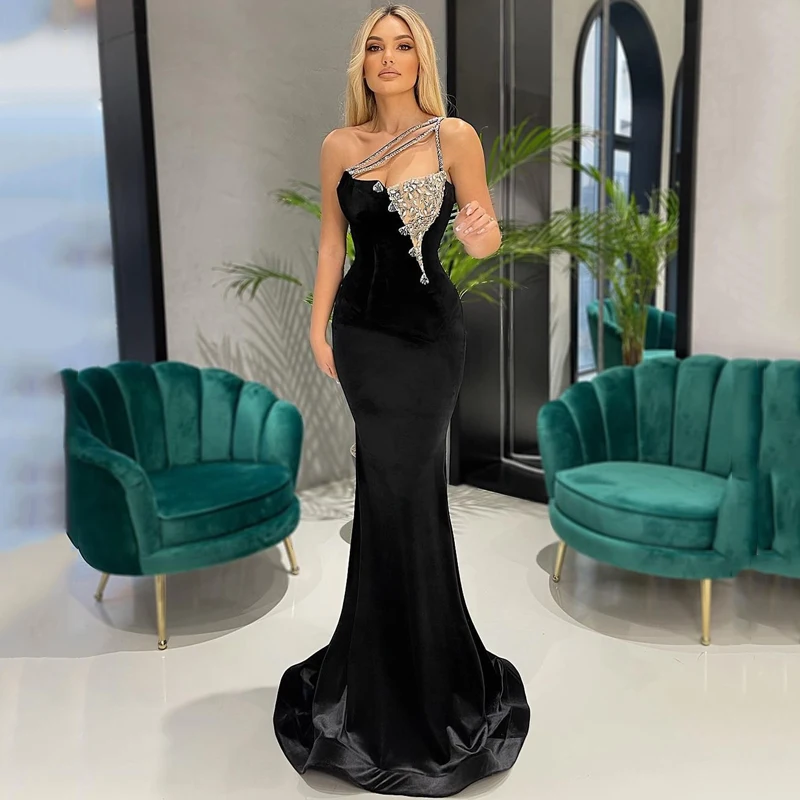 

Thinyfull Sexy Mermaid Evening Dress Morocco Black Velvet One Shoulder Beadings Prom Dresses 2022 Floor Length Night Party Gowns