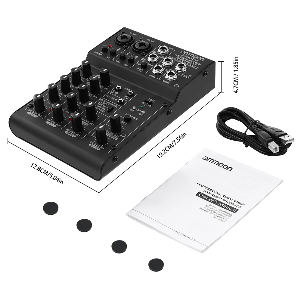 

ammoon 4-Channel Mini Mixing Console Digital Audio Mixer 2-band EQ Built-in 48V Phantom Power Mixer audio 5V USB Powered HOT!