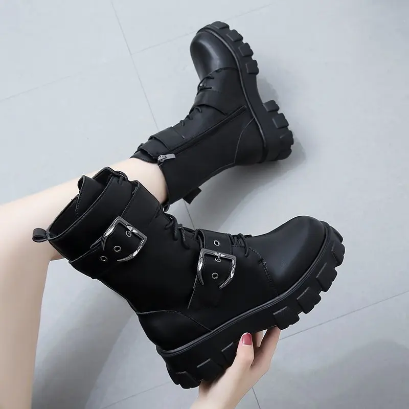 

Rimocy Women Chunky Motorcycle Boots Double Buckle Thick Sole PU Leather Ankle Boots Female Autumn Winter Fashion Platform Botas