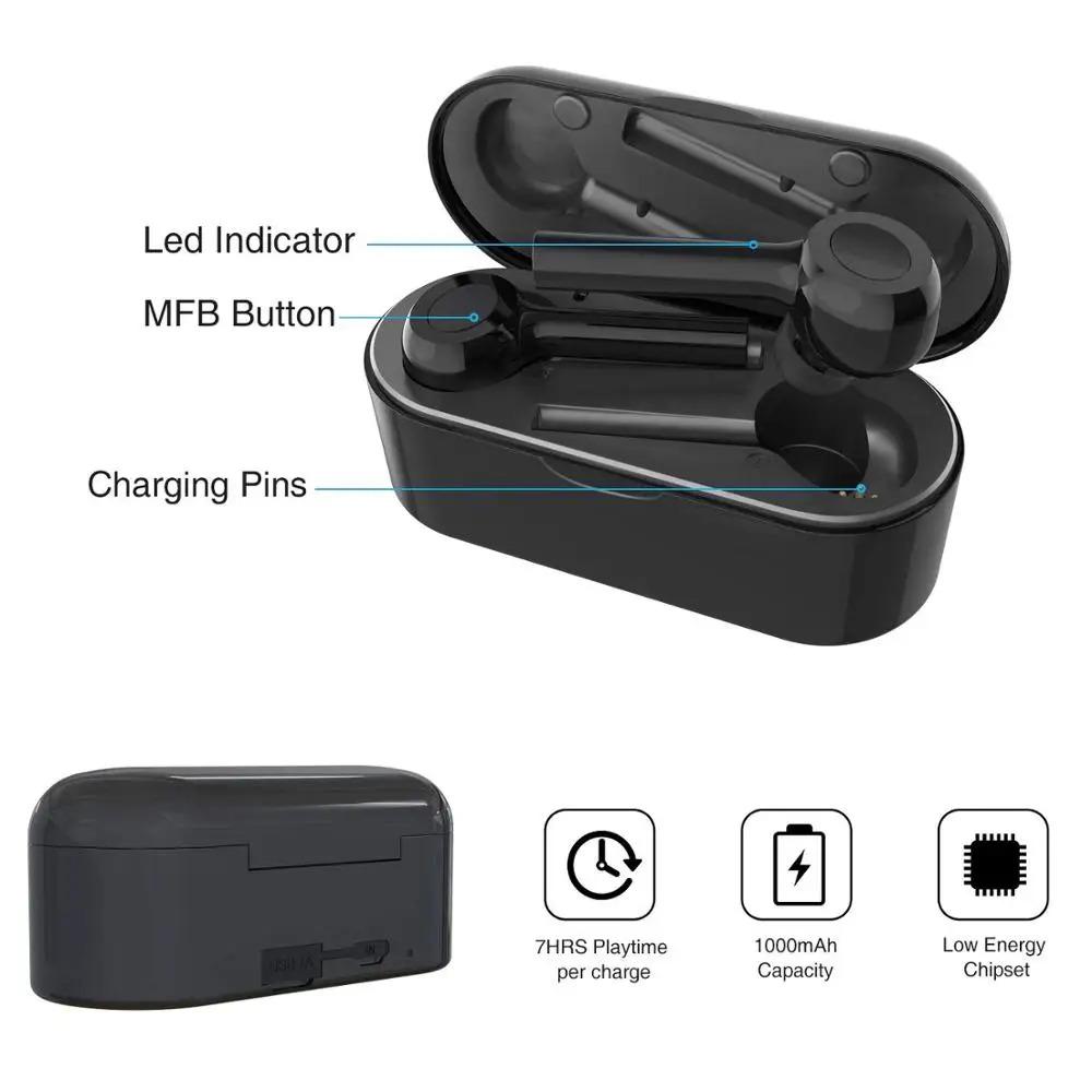 Amorno TWS T1 Bluetooth 5,0 стерео наушники TWS наушники с шумоподавлением наушники-вкладыши с микрофоном Handsfree 1000 мАч Внешний аккумулятор