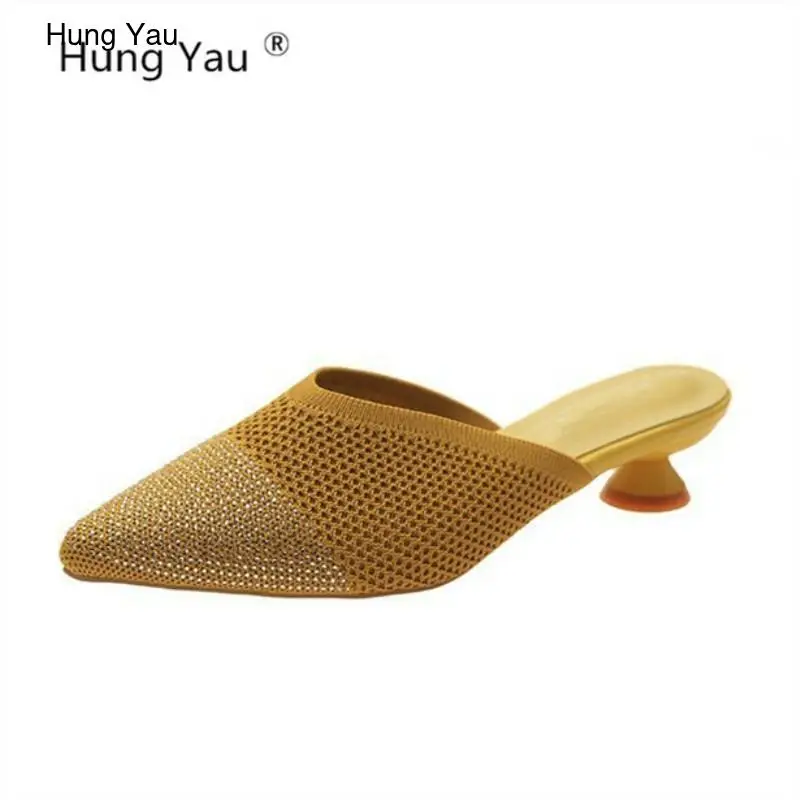 

Women Sandals Summer Platform Sandals Comfortable Net Mesh High Heel Hollow Yellow Black Pointed Toe Muller Shoes Size 35-39