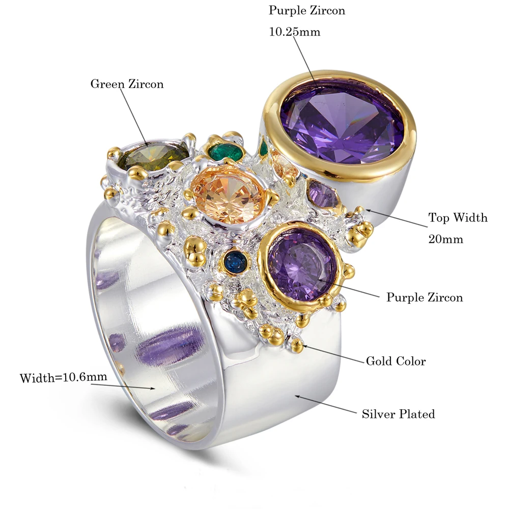 Женское кольцо с фиолетовым мульти цирконием серебряное модные ювелирные