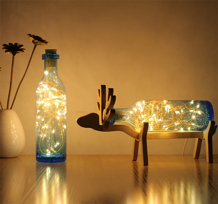 Solid Wooden Elk Deer LED Night Lights Creative Wishing Bottle USB 3D Lamps Fireworks Kids Sleeping Lights Home Decoration