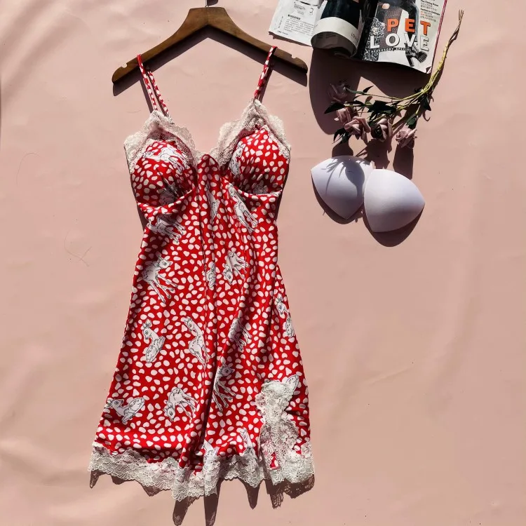 

Casual Kimono Bathrobe Gown Lace Pajamas Suit Female Print 4PCS Sleep Set Satin Spaghetti Strap Top&Shorts Loose Home Clothing