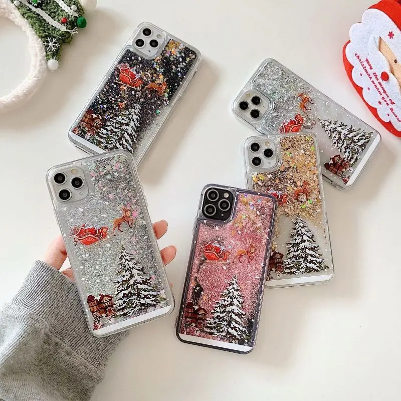 

Fashion Merry Christmas Phone Case For iPhone 13 12 11 Pro Max XR XS Max X 7 8Plus 11 Dynamic Quicksand Glitter Shockproof Cover