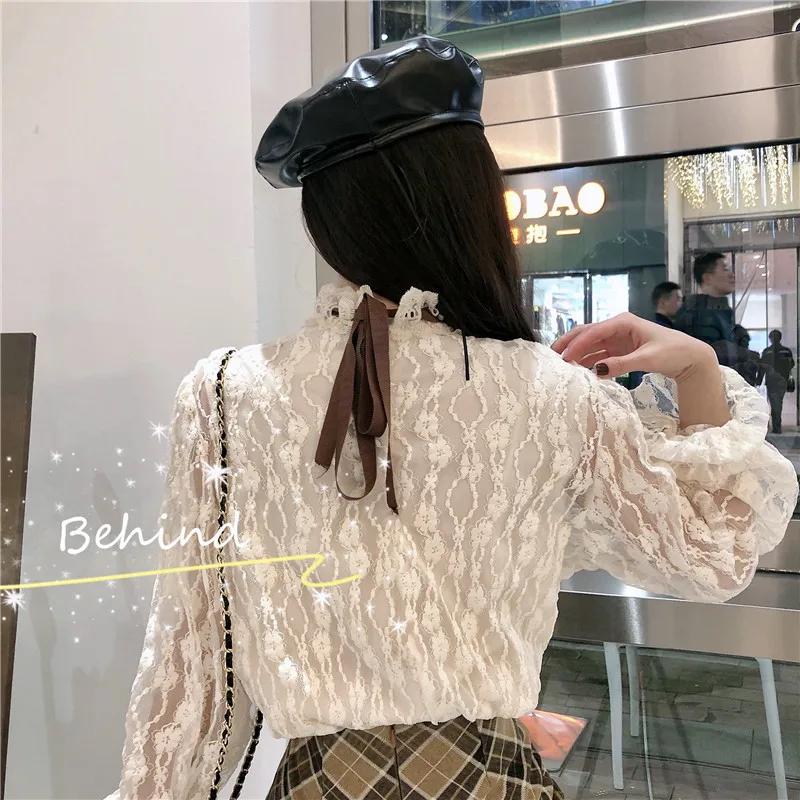 

Lace Perspective Ruffles Women Blouses Loose Stand Sweet Style Kawaii Ladies Tops Fashion Brand Ulzzang Blusas Mujer De Moda New