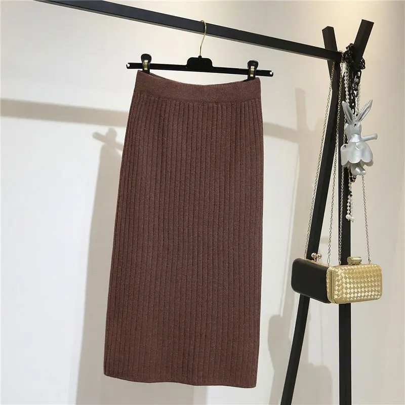 

2021 Spring Fashion Women Elegante Elastic Waist Jumper Casual Solid Color Over Knee Knitting Loose Straight Skirt D145