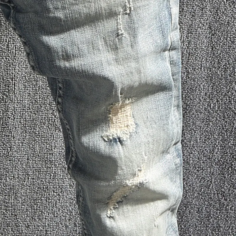 European Vintage Fashion Men Jeans Retro Light Blue Elastic Slim Fit Ripped Jeans Men Korean Style Designer Casual Denim Pants