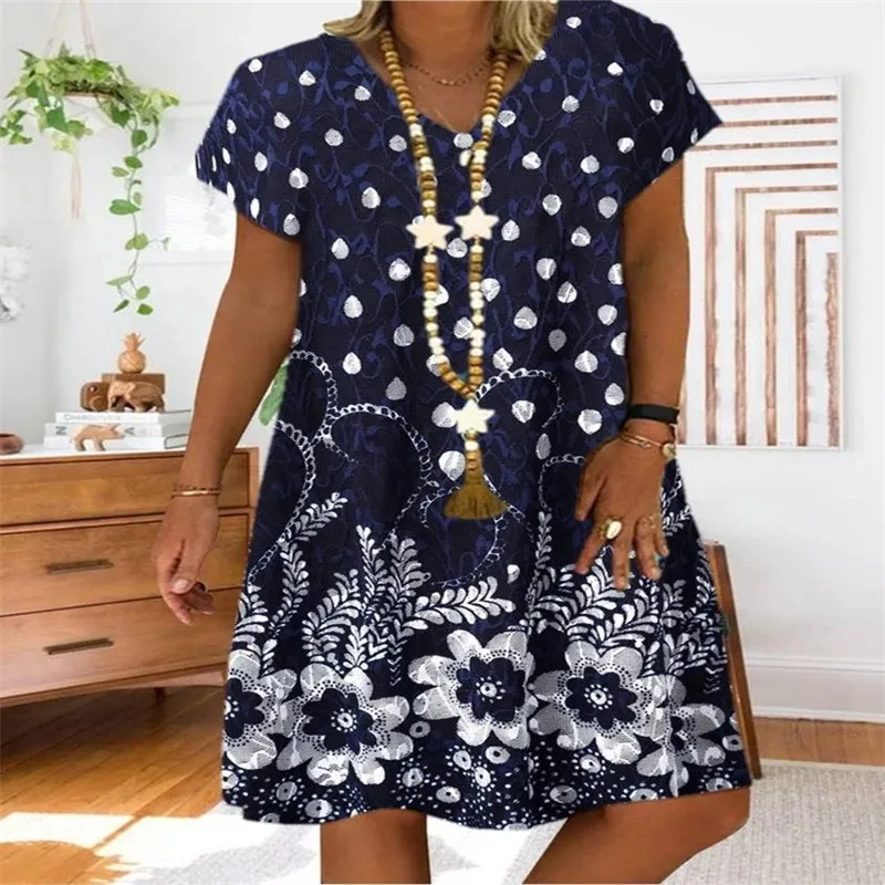 Women's floral print V-neck short sleeve dress plus size summer chiffon knee length dresses casual beach 4XL XXXL | Женская одежда