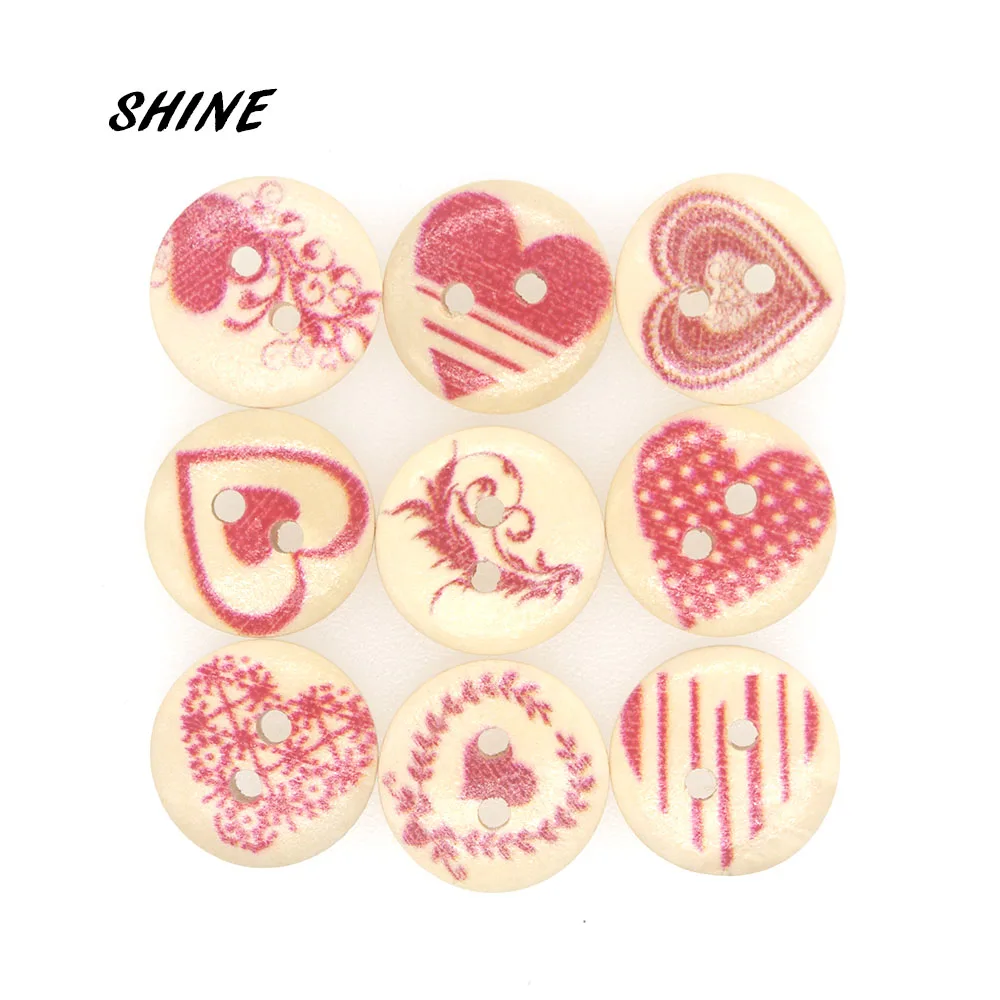 SHINE Brand 50 шт./лот круглые деревянные пуговицы красное сердце 15 мм Смешанные
