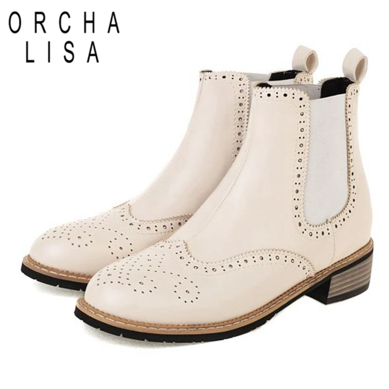 

ORCHALISA 2021 Ankle Boots Lady Pointed Toe Low Heels Slip on Cut-Outs Large Size 32-47 Black Beige Brown Concise Winter S2699