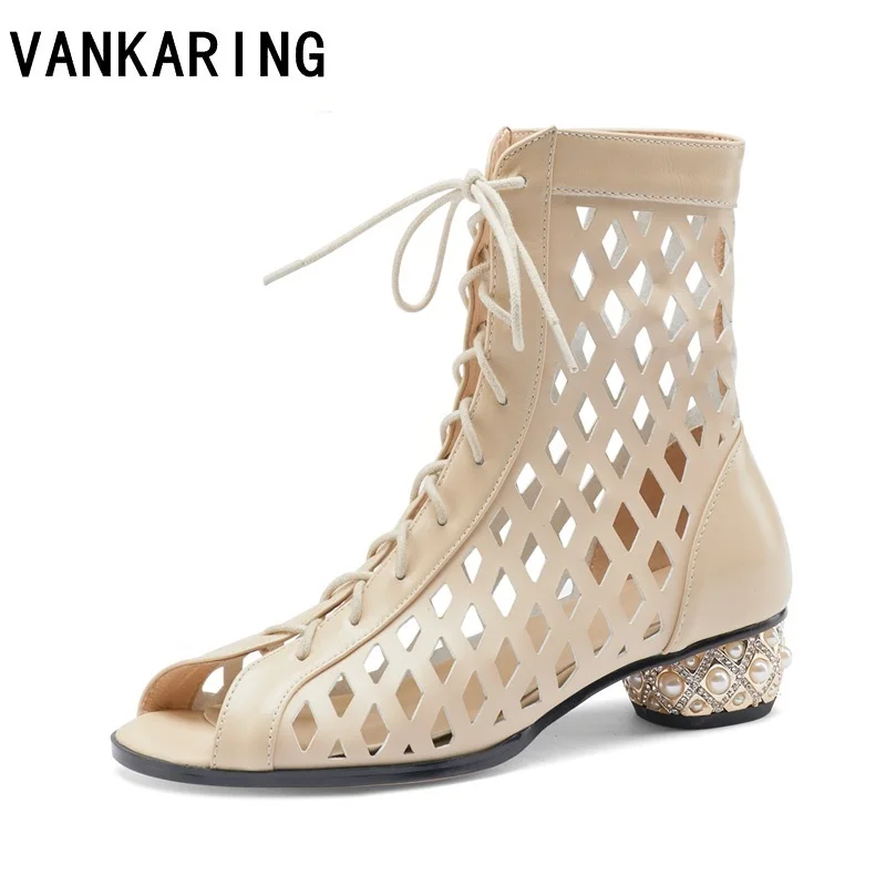 

fashion lace-up martin boots thick heels brand shoes beading heel motorcycle ankle boots cut-outs leather summer botas de mujer