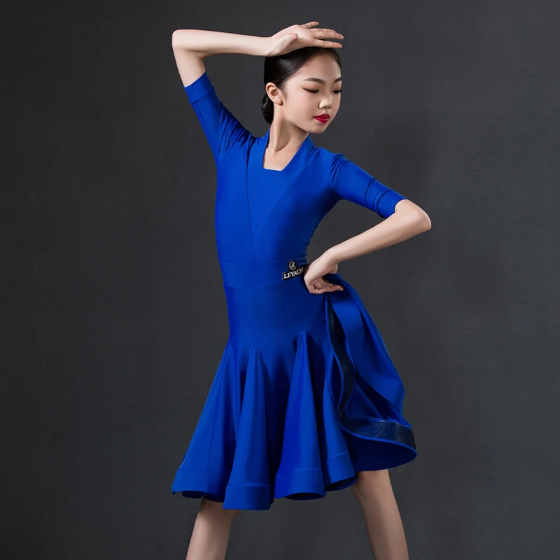 

New Latin Dance Dress For Girls Blue Mid-Sleeve Tops Dance Skirts Suit Cha Cha Rumba Samba Tango Latin Dance Costumes DQS5163