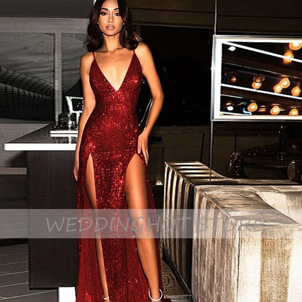 

Sexy Sequin Evening Party Dress Long Luxury 2021 Sleeveless Deep Side Split Mermaid Bodice Elegant Prom Gown Vestidos De Fiesta