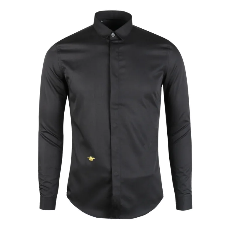 Men's long-sleeved shirts, classic bee embroidery, fashion self-cultivation, all-match black and white  men's shirts