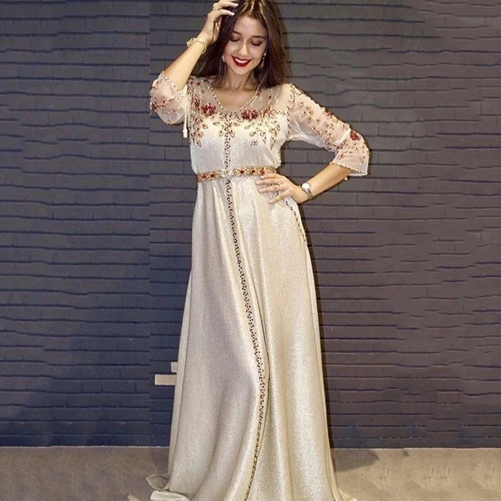 

Fivsole Morocco Caftan Evening Dresses Lace A Line Prom Gowns Long Sleeves Formal Evening Party Dress Beadings Robe De Soiree