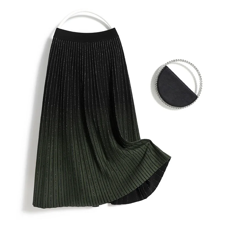 

2021 New Autumn Winter Thick Fashion Temperament Gradient Knitted Pleated Skirt Plus Size Skirt Bright Silk Long Skirt KK1163