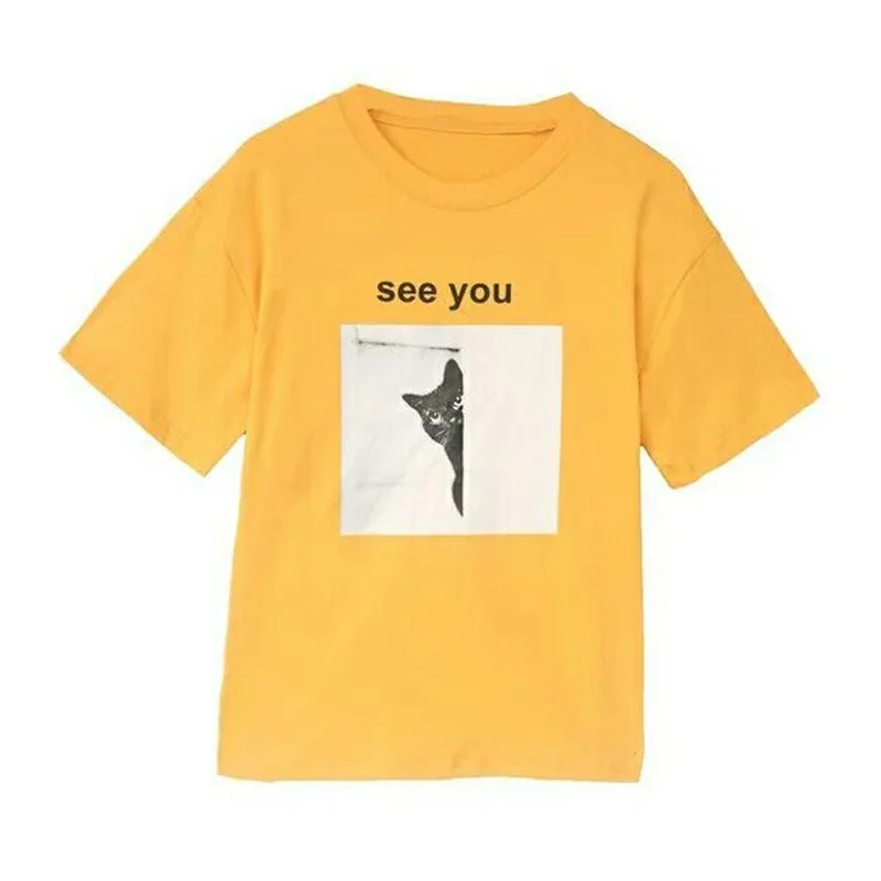 

Women T-shirt Summer Short Sleeve Round Neck Harajuku Cat Printing Tee Casual Fashion Plus Size Cute Kawaii Female Tops Clothes