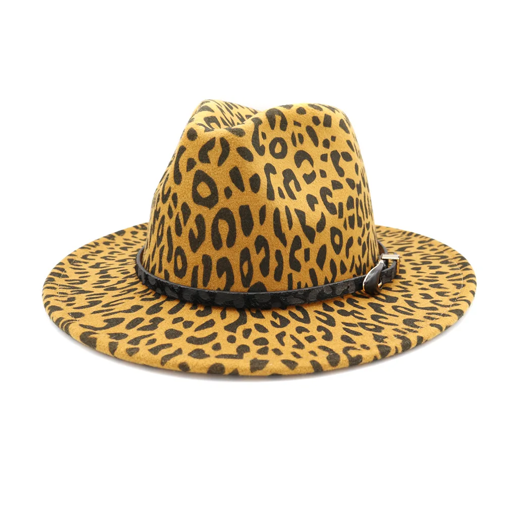 Женская федора в стиле джаз с леопардовым принтом и плоскими полями из фетра HanXi Men с имитацией шерсти и основанием из искусственной кожи.