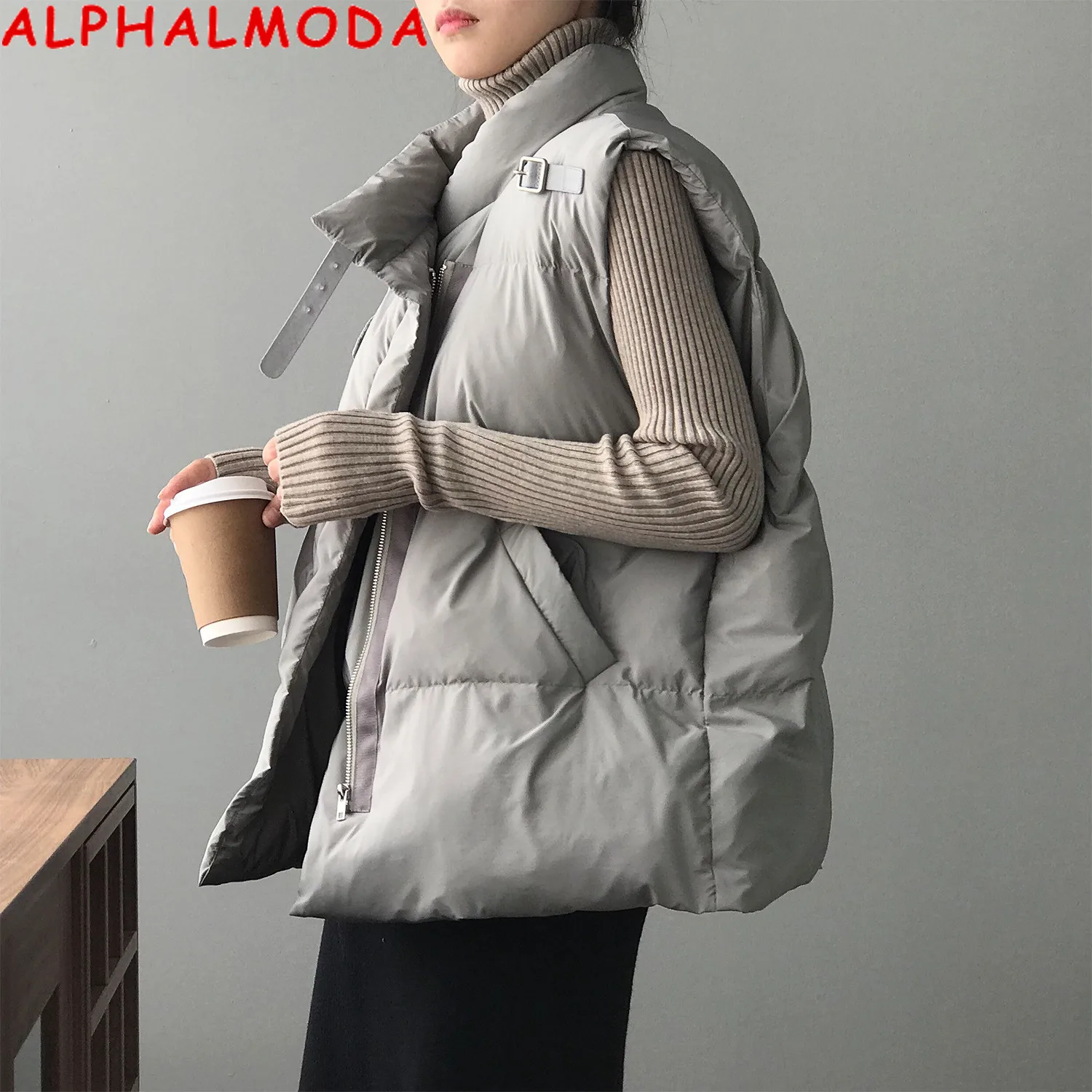 

ALPHALMODA 2021 Winter New Women's Quilted Vest Stand Collar Loose Casual Warm Vest Coat Fashion Buckle Trendy Gilet