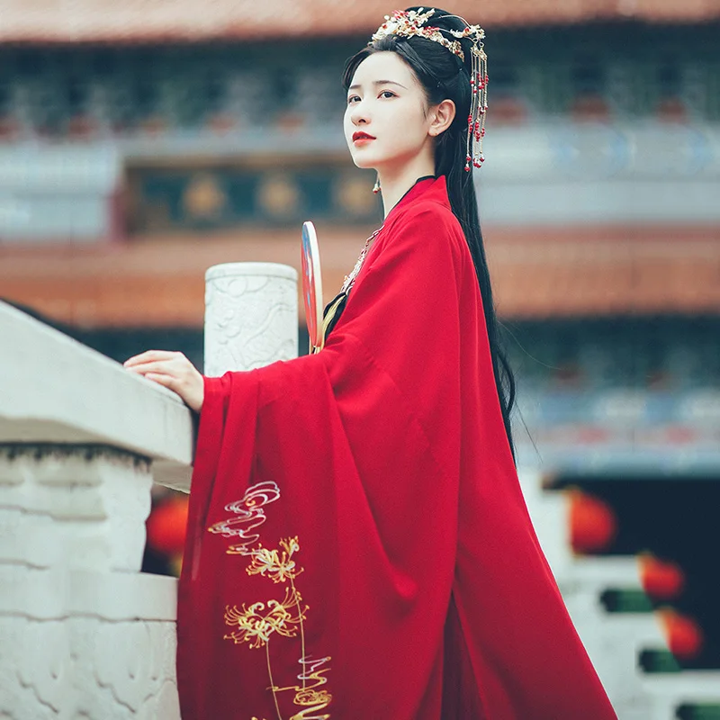 Женская рубашка с большими рукавами Hanfu праздничный наряд цветочной вышивкой