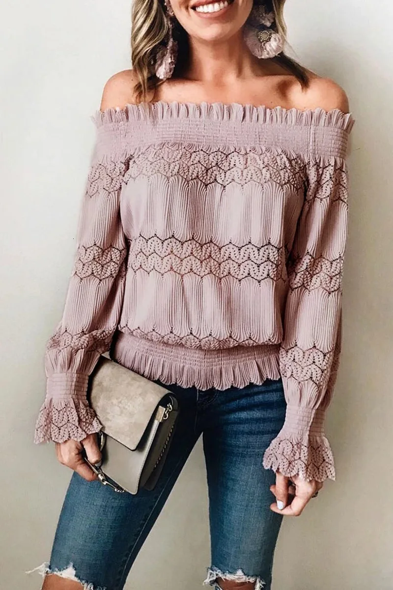 Hot Sale 2019 Autumn Winter Fashion One-Shoulder Lace Long Sleeve T-Shirt Solid Color Off Shoulder New Backless Tops |