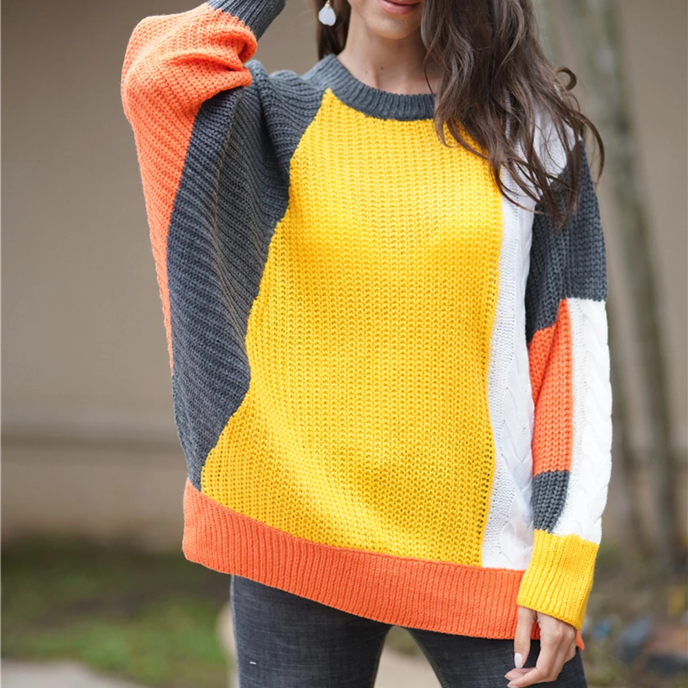 Fashion Women Contrast Color Patchwork Sweaters Autumn Casual Long Lantern Sleeve Knitted Pullovers Streetwear Loose Jumpers Женская