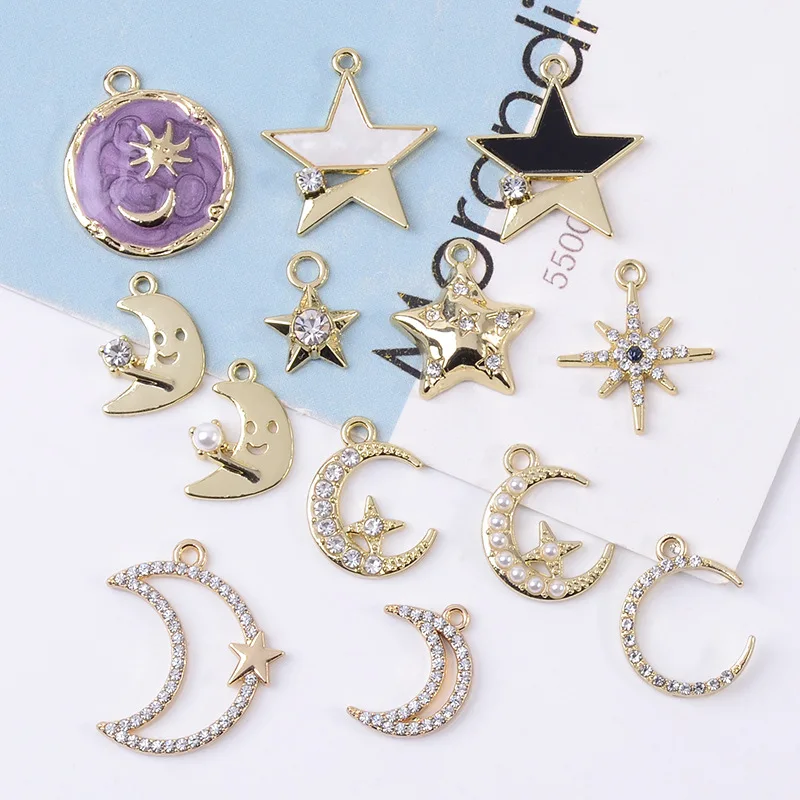 50pcs Alloy jewelry accessories DIY handmade Korean version new crystal oil dripping star moon jewelry pendant making