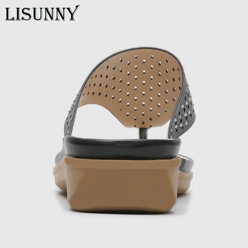 LISUNNY New summer sandals women thongs open toe rhinestones hollow woman beach shoes casual flat ladies stitching slippers | Обувь