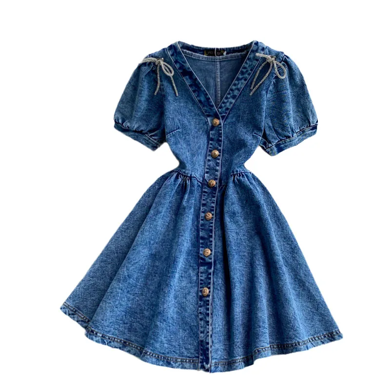 

FTLZZ New Summer A Line V Neck Single Breasted Puff Sleeve Women Party Dresses Casual Solid Slim Lady Dress