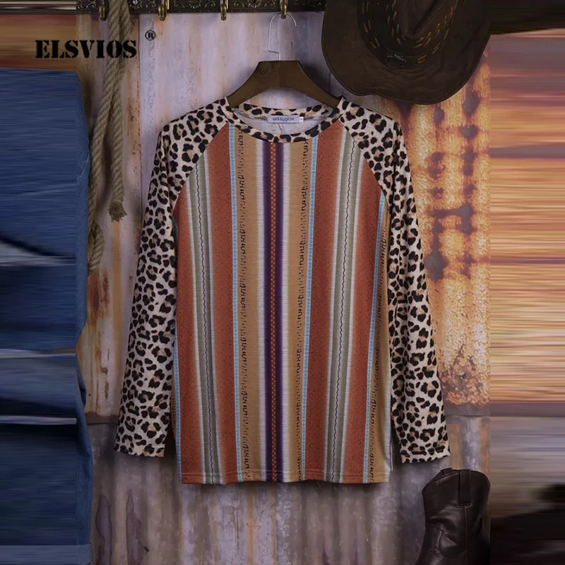 

Футболка женская с леопардовым принтом, элегантный повседневный винтажный пуловер в полоску, топ с круглым вырезом и длинным рукавом, свобо...