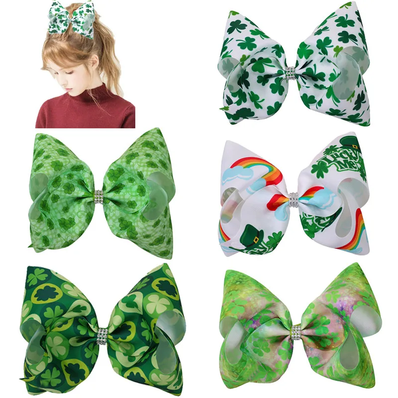 

free shipping 5pcs 8inch St patrick day hair bow with alligator clip jojo big spring Patrick days boutique hair bows big clip