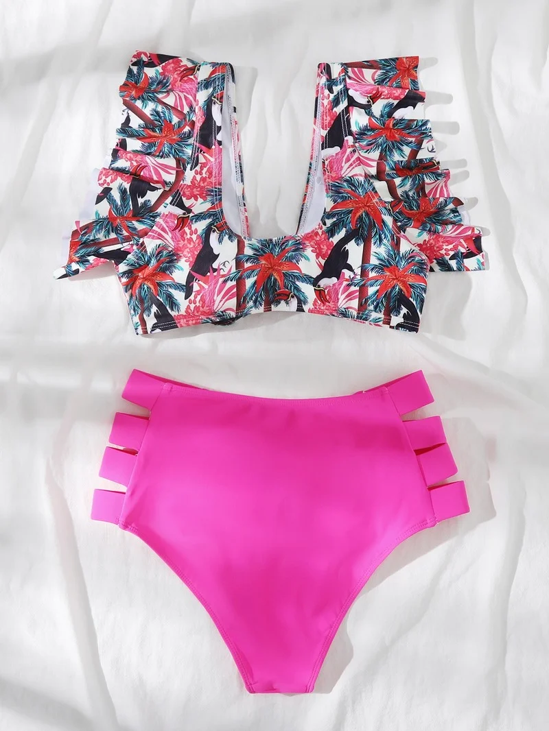 

High Waist Bikini 2021 Ruffle Swimwear Women Print Sexy Swimsuit Push Up Bikinis Plus Size Bathing Suits Floral Beach Wear
